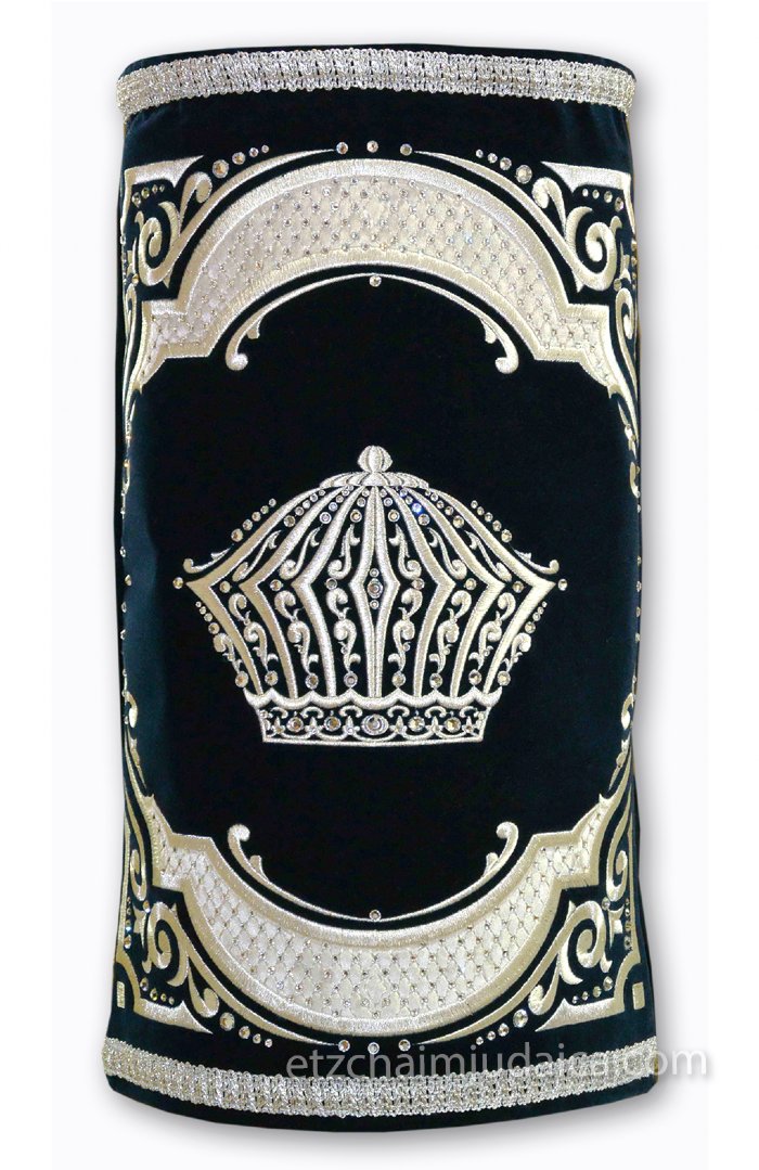 Torah Mantel with a large crown taking center stage. Crystals stud the perimeter.